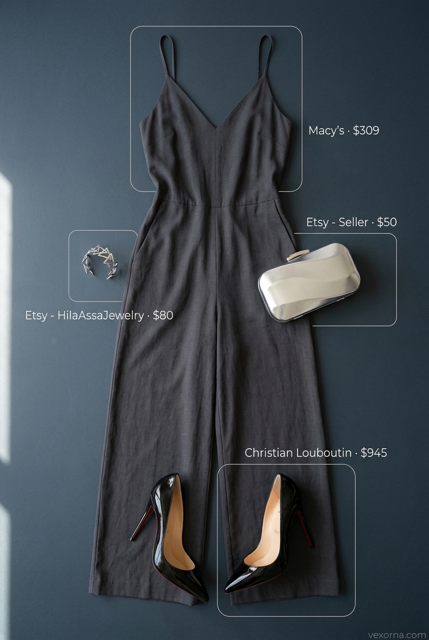 Quiet luxury summer outfits for women 2026: Charcoal grey wide-leg jumpsuit, silver clutch, heels.