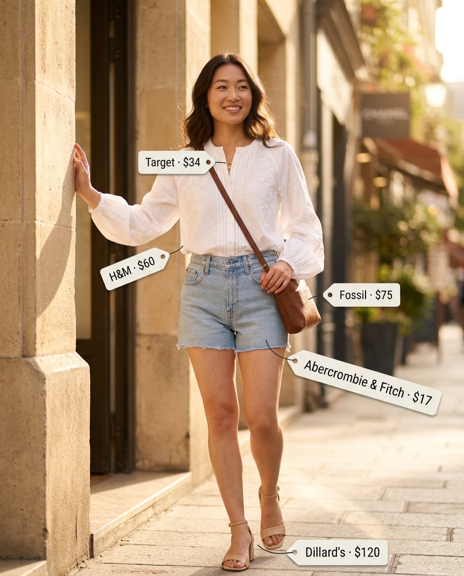 Quiet luxury summer outfits for women 2026: Denim shorts, white peasant blouse, tan block heels.