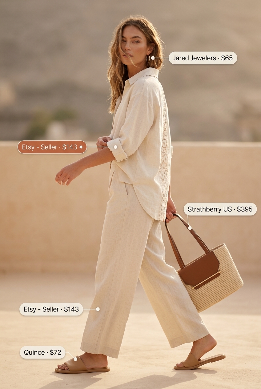 Quiet luxury summer outfits for women 2026: Ivory linen co-ord set, gold hoops, raffia tote.