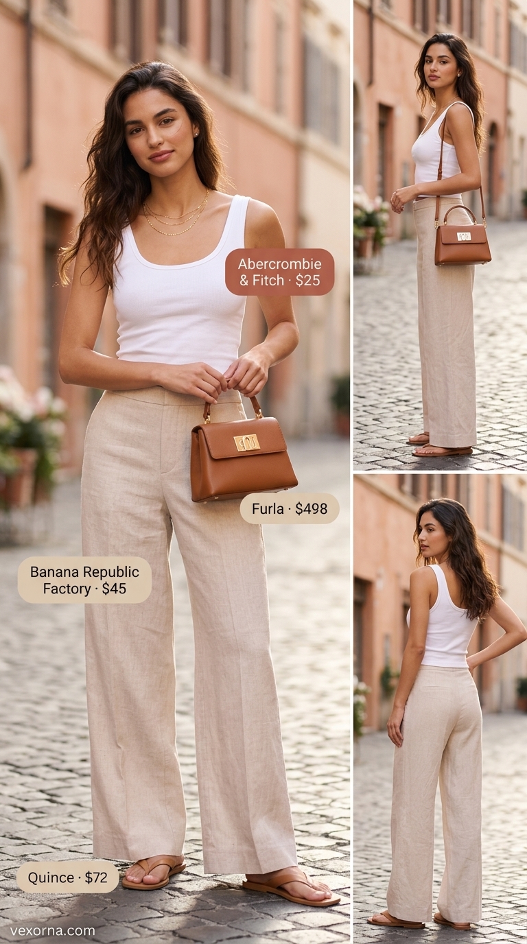Quiet luxury summer outfit: cream ribbed tank, beige linen pants, gold necklaces, and leather slides.