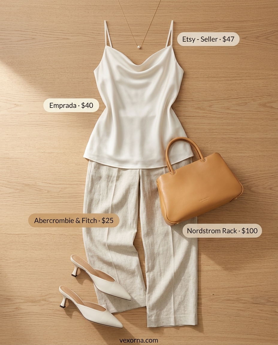 Quiet luxury summer outfits for women 2026: Oatmeal linen pants, ivory silk cami, gold necklace, nude mules.