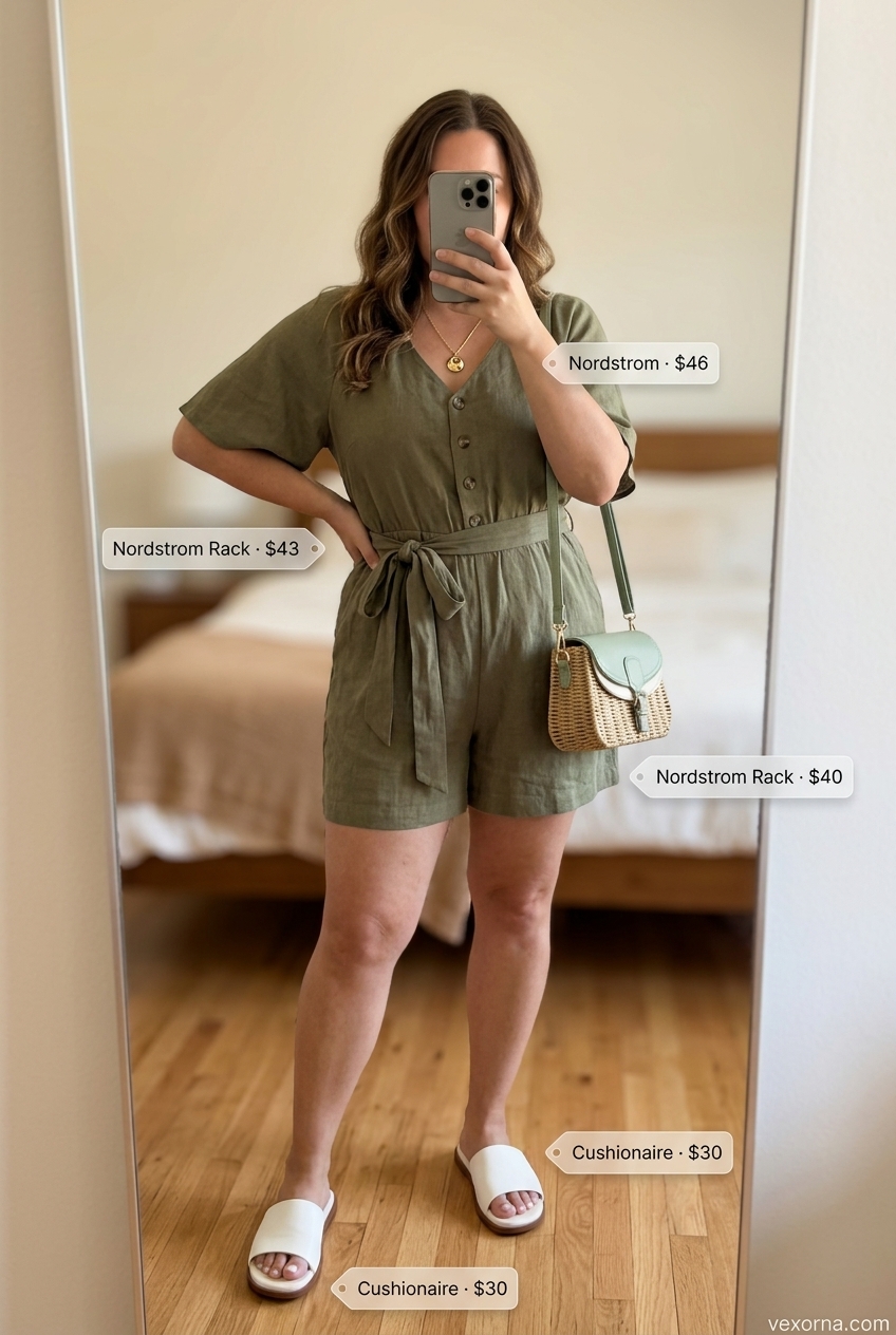Quiet luxury summer outfit: olive green linen romper, white slides, gold necklace, and straw crossbody.