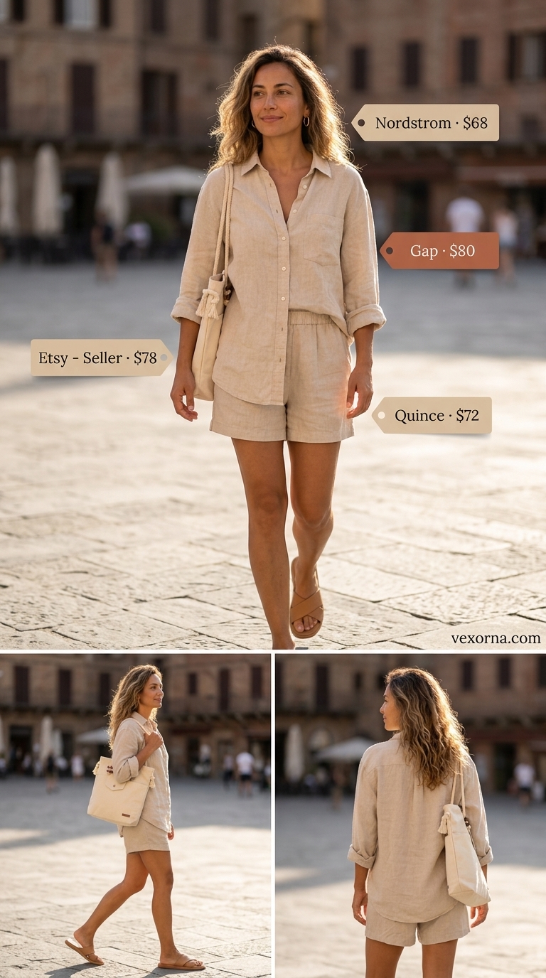 Quiet luxury summer outfit: cream linen set, straw tote, leather slides, and gold hoops for resort wear.