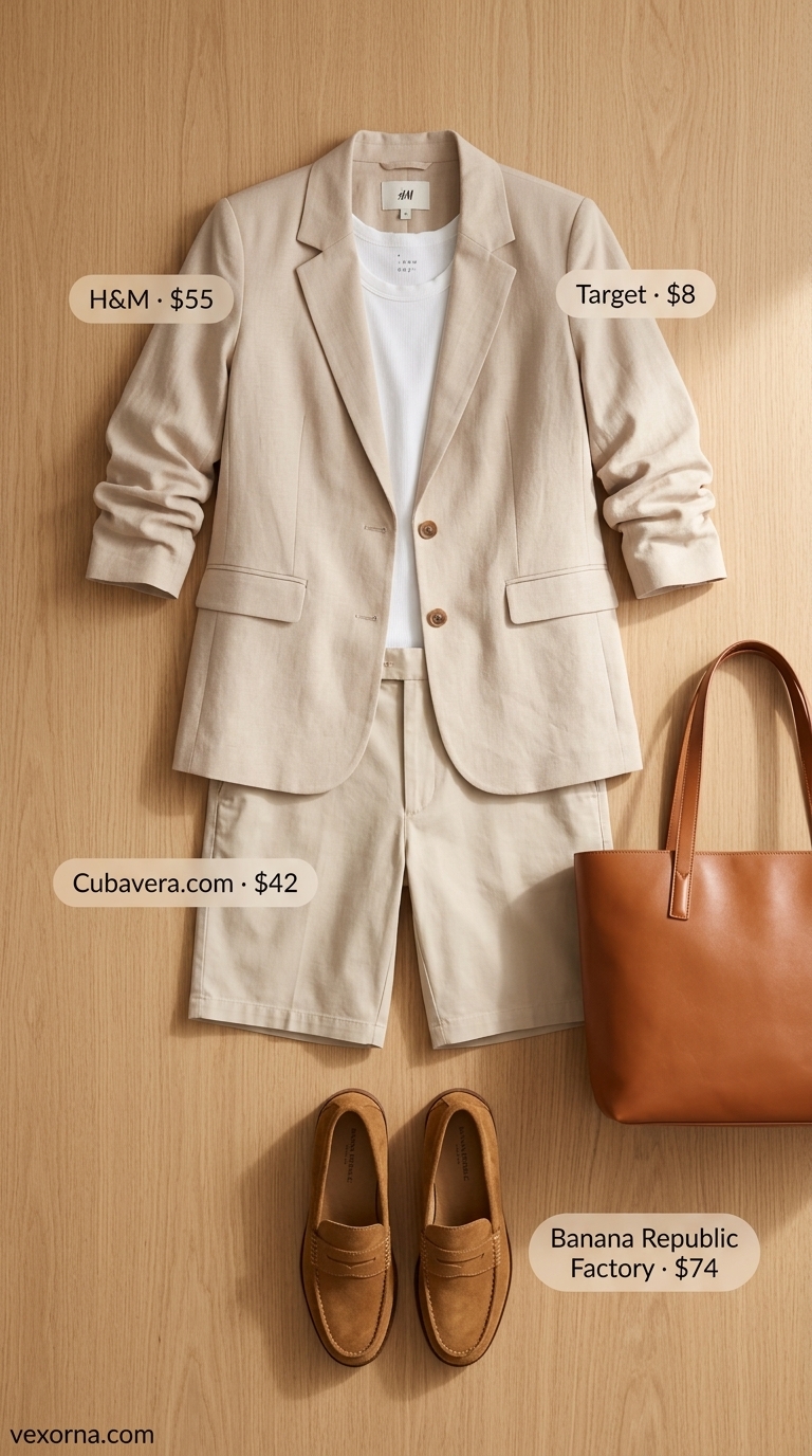 Quiet luxury summer outfit: khaki linen shorts, blazer, white tank, loafers, and leather tote for business casual.