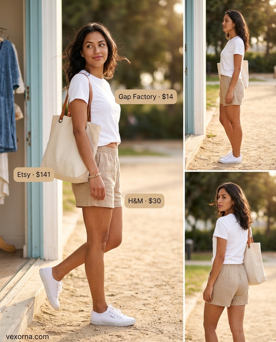 Quiet luxury summer outfit: light blue linen shorts, white tee, tan tote, and sneakers for casual outings.