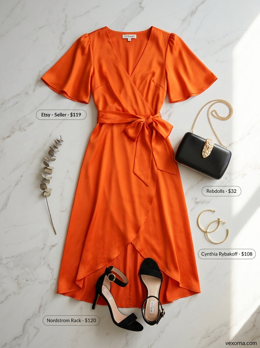 Quiet luxury summer outfits for women 2026: Mango orange satin midi wrap dress, black heels, gold hoops.