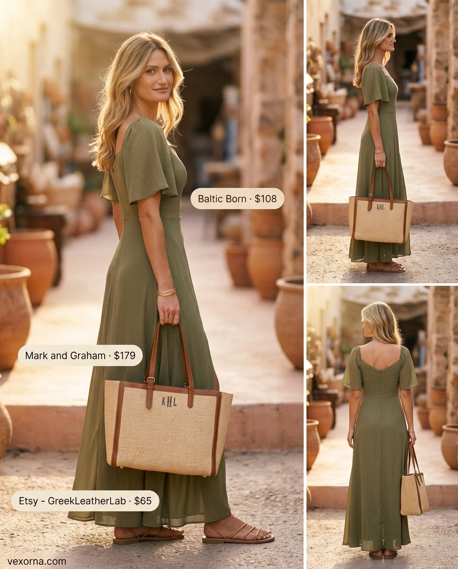 Quiet luxury summer outfit: olive green maxi dress, raffia tote, gold bangles, and tan sandals for resort wear.