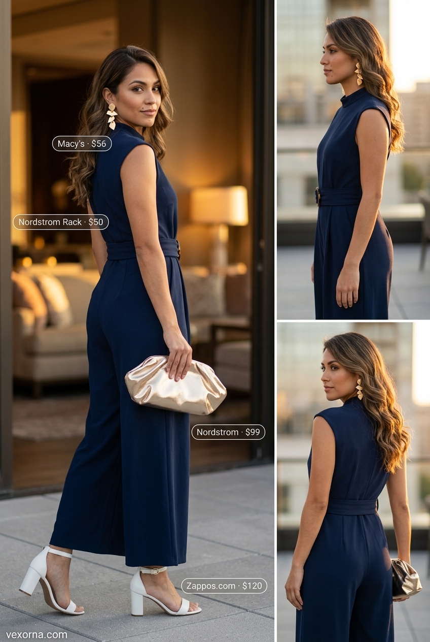 Quiet luxury summer outfit: navy jumpsuit, white heels, gold clutch, and statement earrings for cocktail hour.