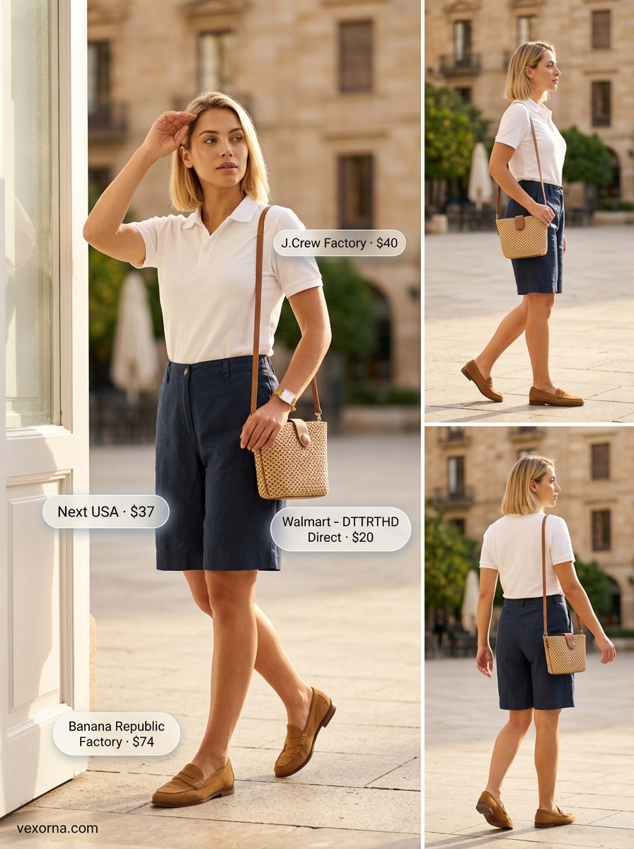 Quiet luxury summer outfit: navy linen shorts, white polo, suede loafers, and straw crossbody for smart casual.