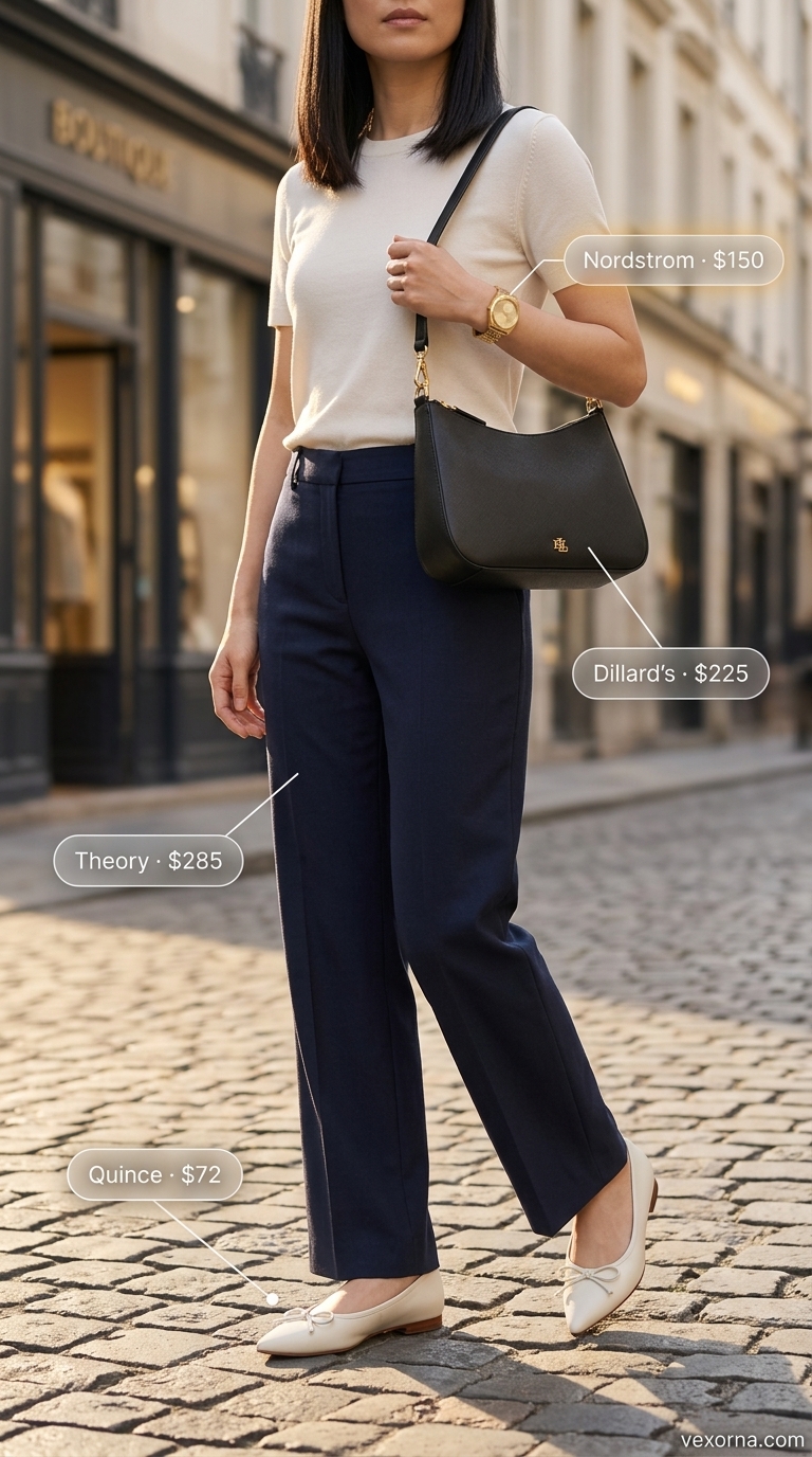 Quiet luxury summer outfit: navy tailored trousers, ivory silk blouse, gold watch, and black flats.
