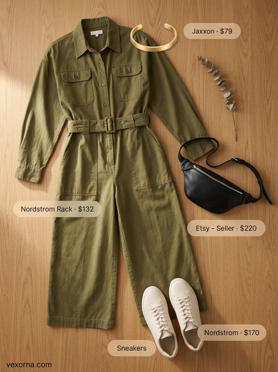 Quiet luxury summer outfit: olive green jumpsuit, cream sneakers, gold bracelet, and crossbody bag.