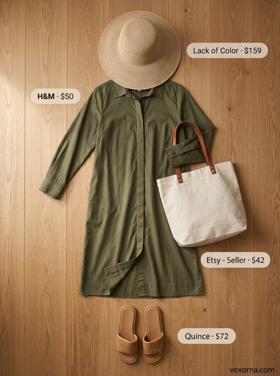 Quiet luxury summer outfits for women 2026: Olive green cotton shirt dress, straw hat, canvas tote.