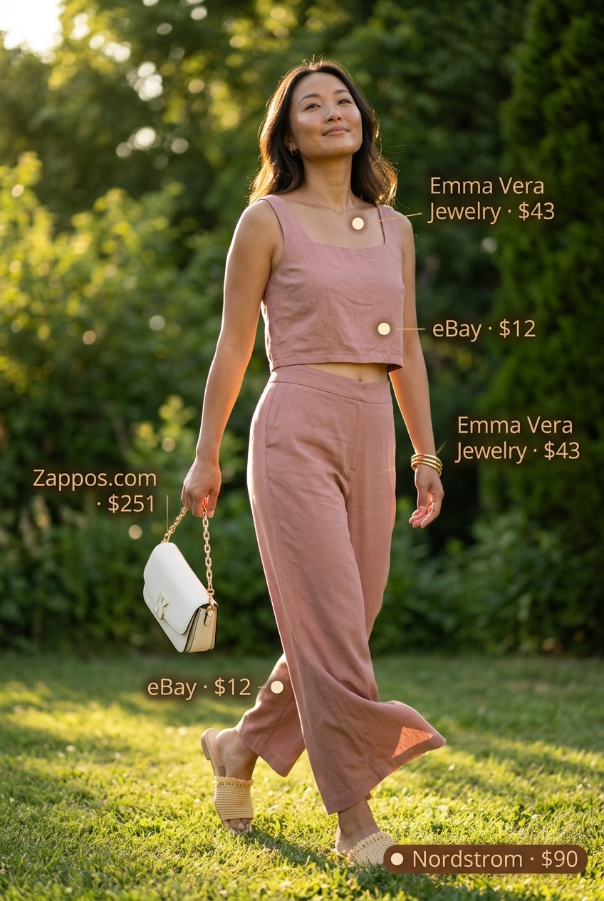 Quiet luxury summer outfits for women 2026: Soft pink linen crop top & shorts set, espadrilles.