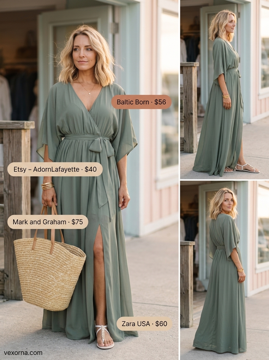 Quiet luxury summer outfit: sage green flowy kaftan dress, gold bangles, and embellished sandals.