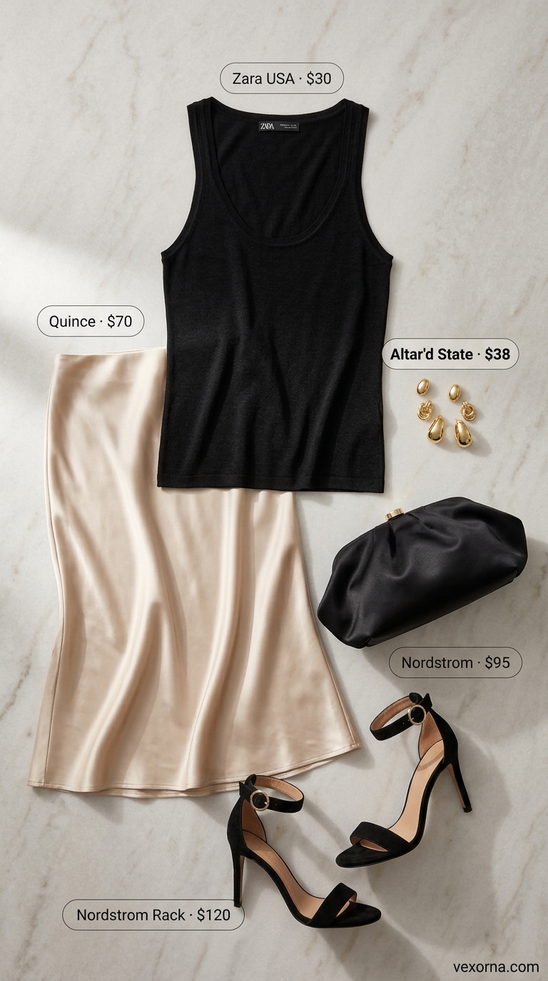 Quiet luxury summer outfit: champagne satin skirt, black knit top, gold earrings, and black heels.