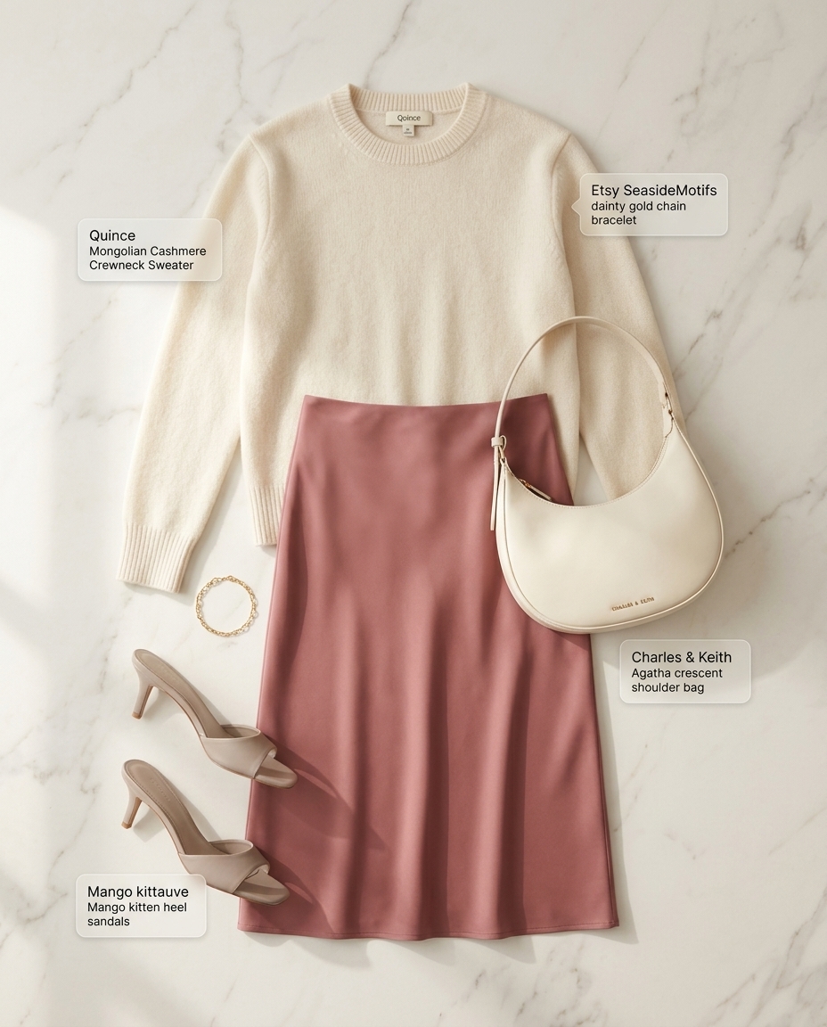 Quiet luxury summer outfits for women 2026: Dusty rose silk slip skirt, cream cashmere sweater, nude sandals.
