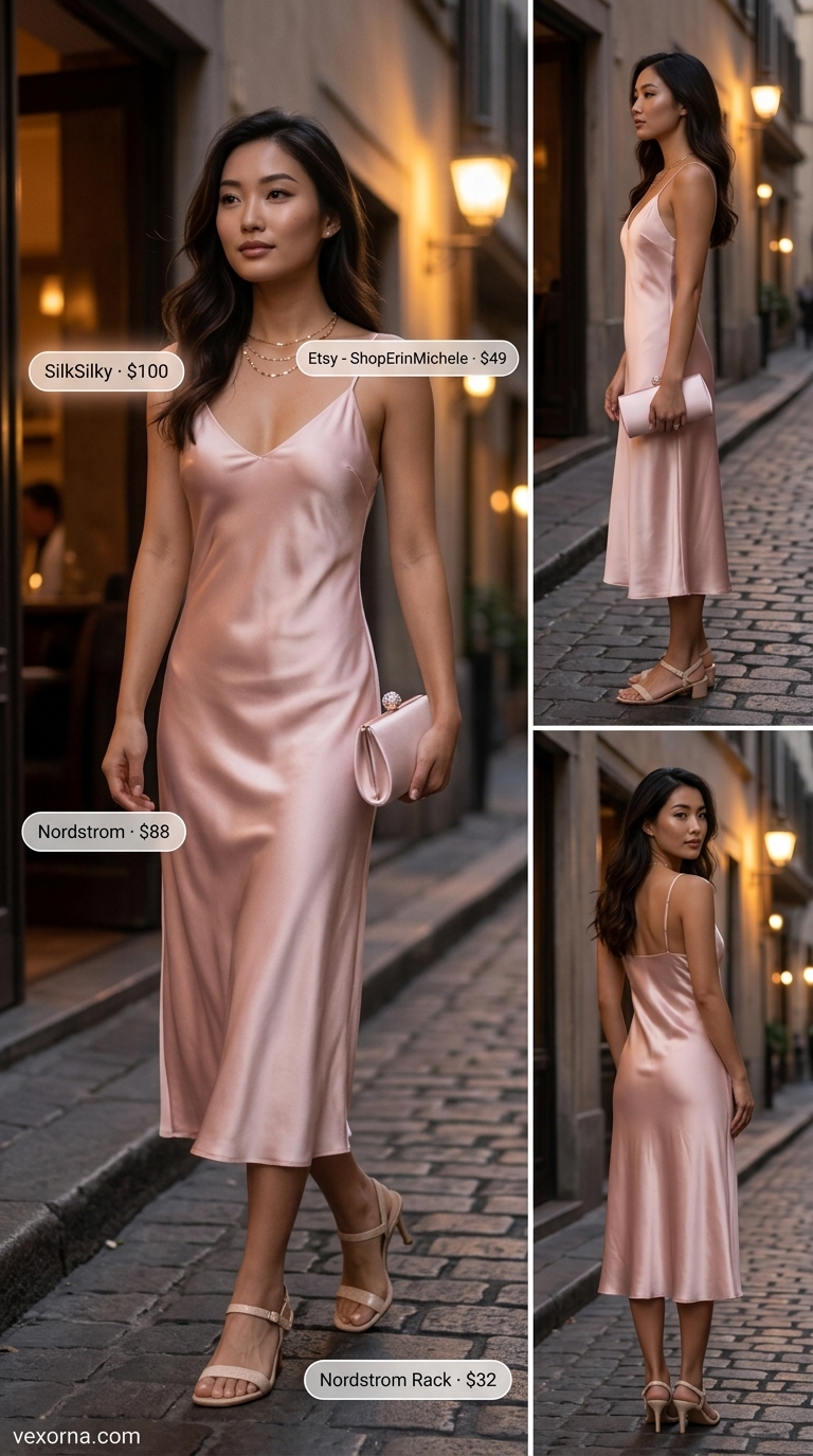 Quiet luxury summer outfit: blush pink silk slip dress, gold necklaces, cream clutch, and nude sandals for evening.