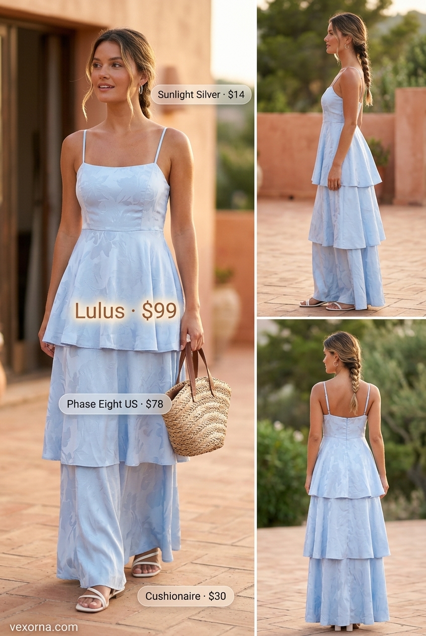 Quiet luxury summer outfit: sky blue maxi dress, white sandals, straw tote, and silver earrings.