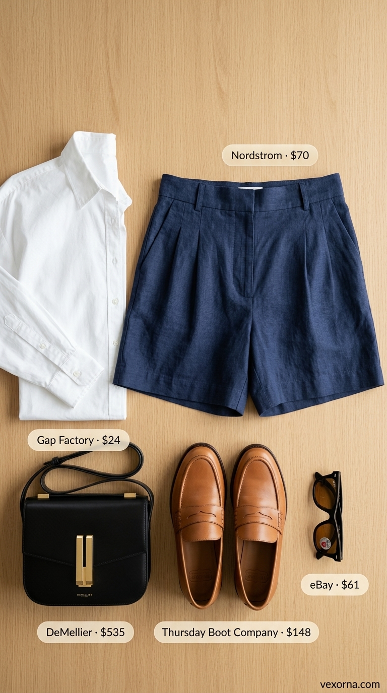 Quiet luxury summer outfits for women 2026: White poplin shirt, navy linen shorts, loafers.