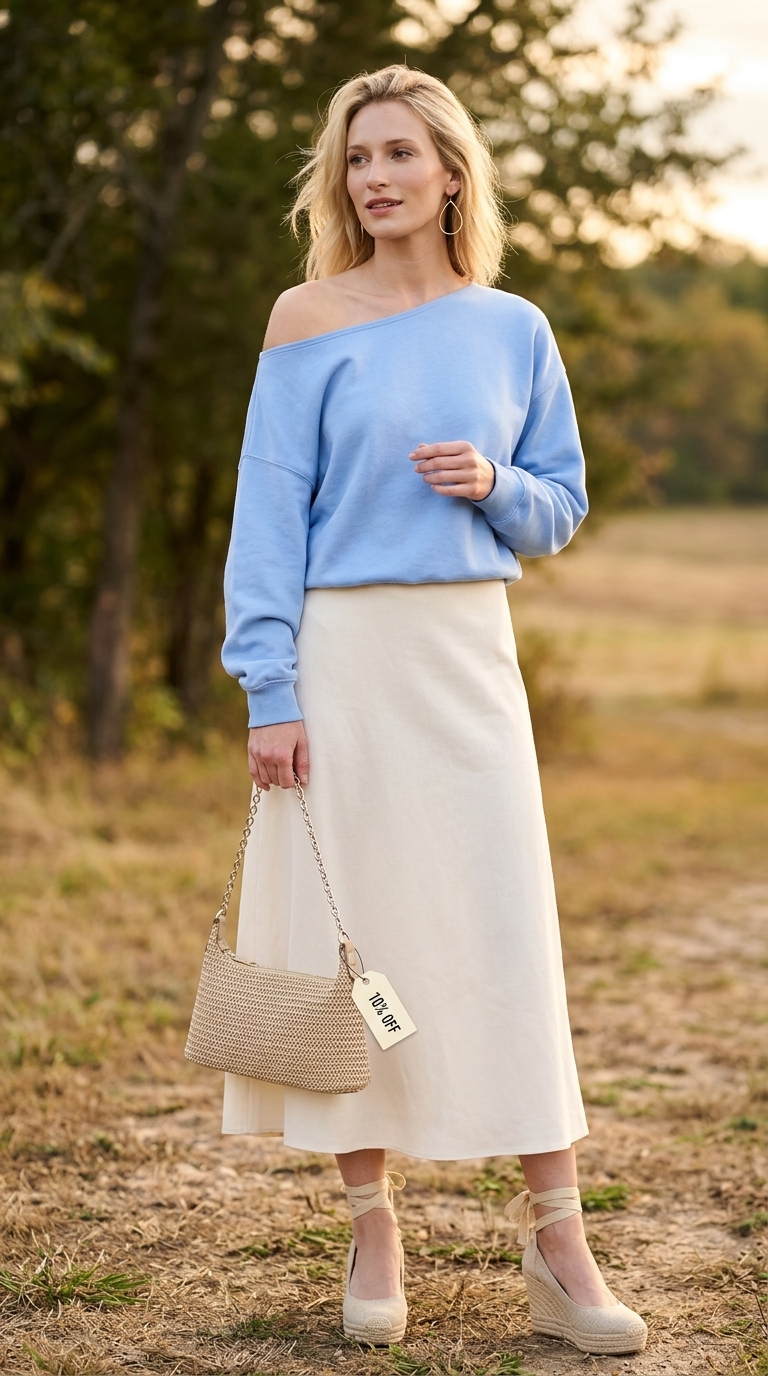 Romantic sky blue off-shoulder blouse, cream midi skirt, and espadrilles for romantic dinner outfits 2026.