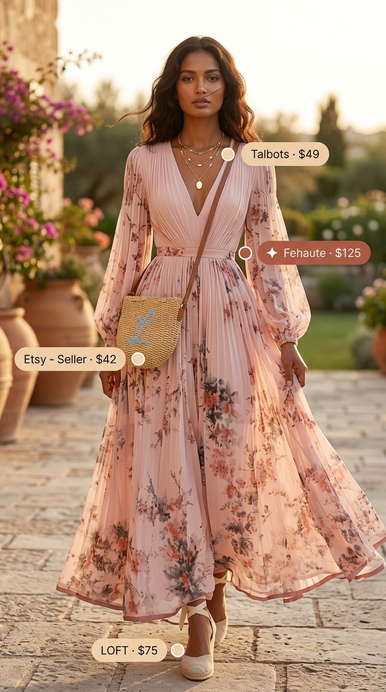 Romantic summer date outfits 2026: Blush pink floral maxi dress, espadrille wedges, straw bag, layered gold necklaces.