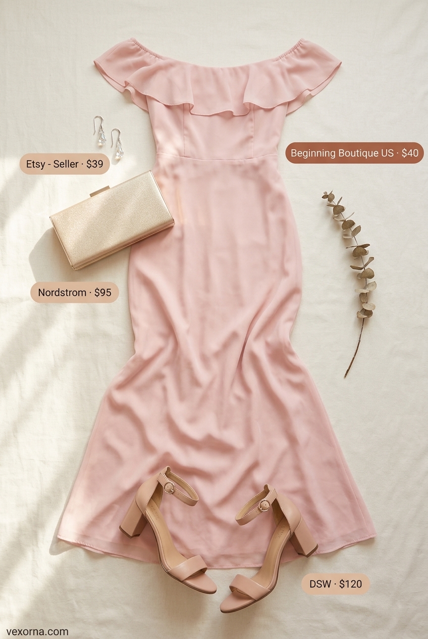 Blush pink flowy maxi dress for romantic summer date outfits 2026. Nude heels, gold clutch & earrings.
