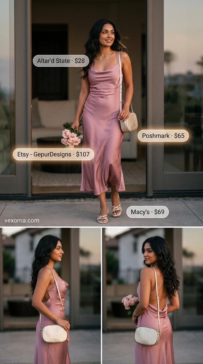 Romantic summer date outfits 2026: Dusty blush slip dress, cream heeled sandals, gold necklaces, structured gold crossbody.