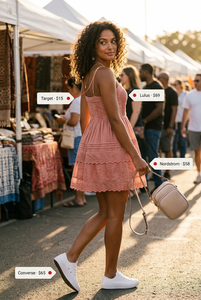 Blush pink sundress for romantic summer date outfits 2026. White sneakers, gold necklaces, crossbody.