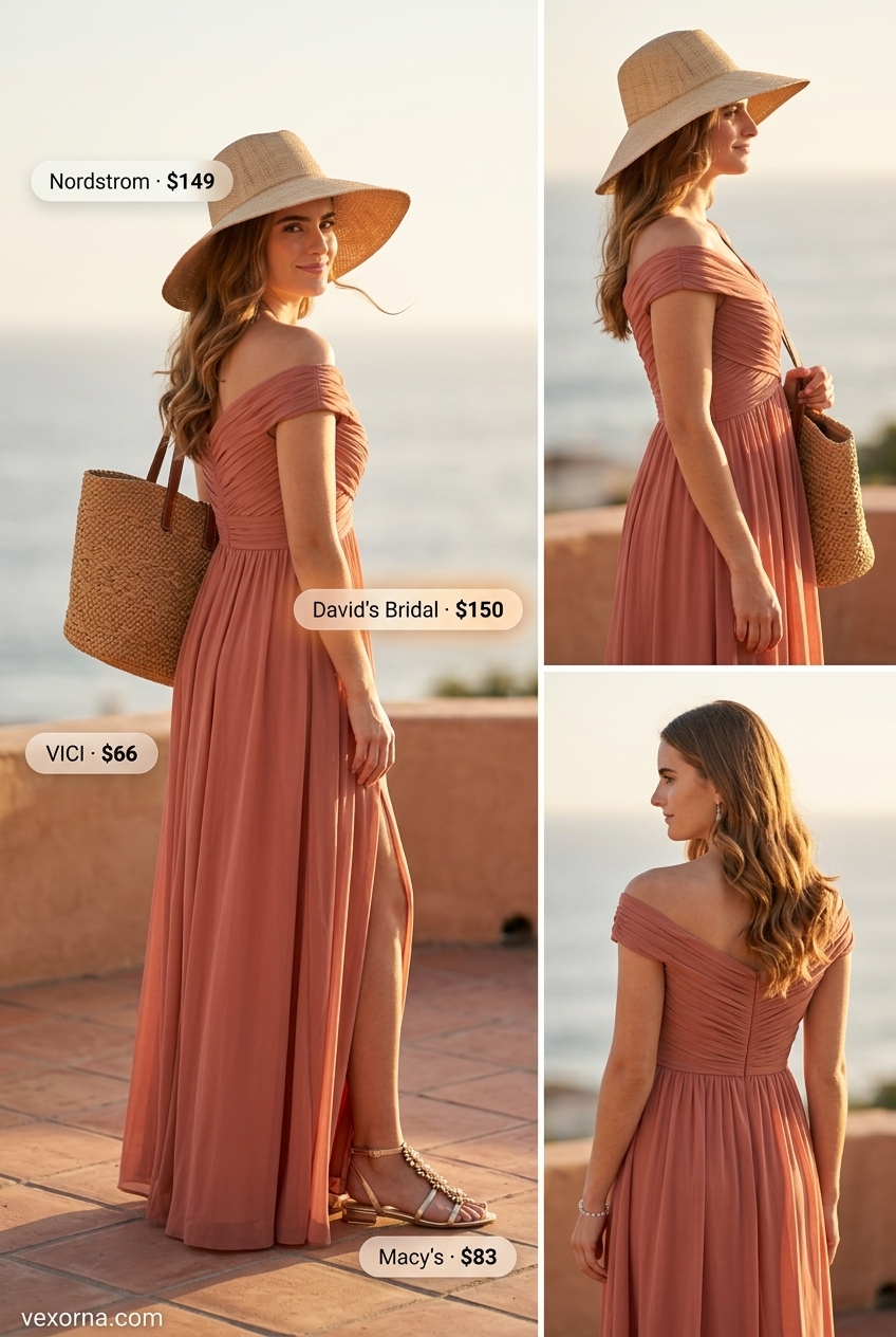Deep coral maxi dress for romantic summer date outfits 2026. Embellished sandals, straw hat, straw tote.