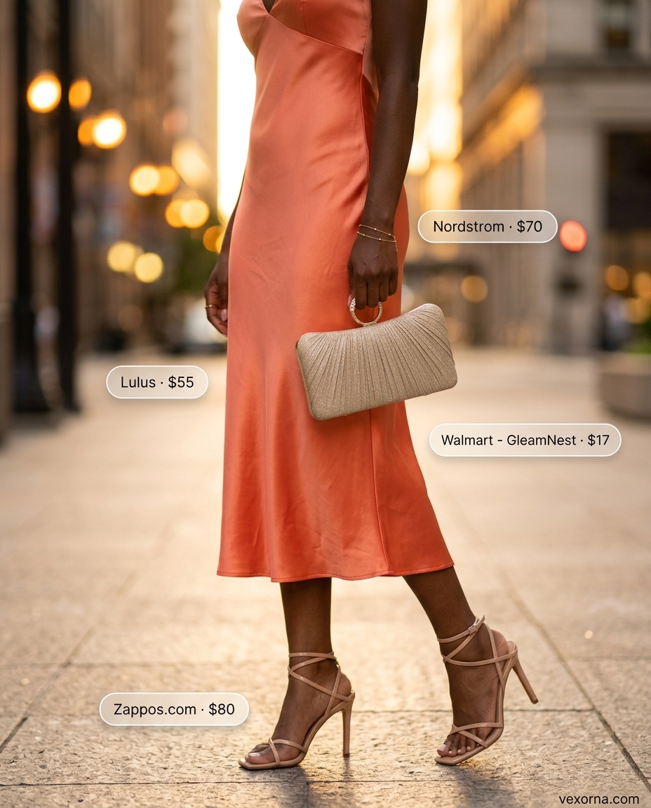 Romantic summer date outfits 2026: Coral slip dress, nude heeled sandals, gold bracelet, champagne gold chain bag.