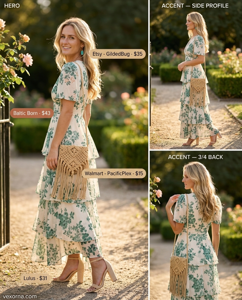 Floral chiffon maxi dress for romantic summer date outfits 2026. Nude heels, straw bag, gold earrings.