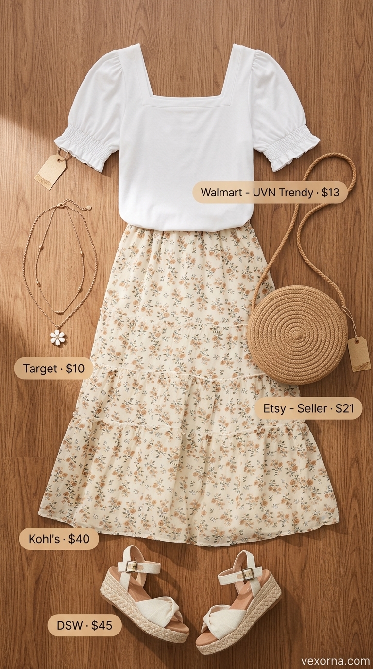 Romantic summer date outfits 2026: Pastel floral midi skirt, white puff-sleeve top, espadrille wedges, straw bag, layered necklaces.