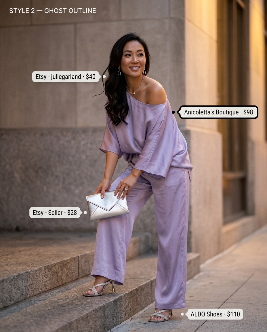 Romantic summer date outfits 2026: Lavender silk wide-leg pants set, silver heeled mules, silver clutch, silver earrings.