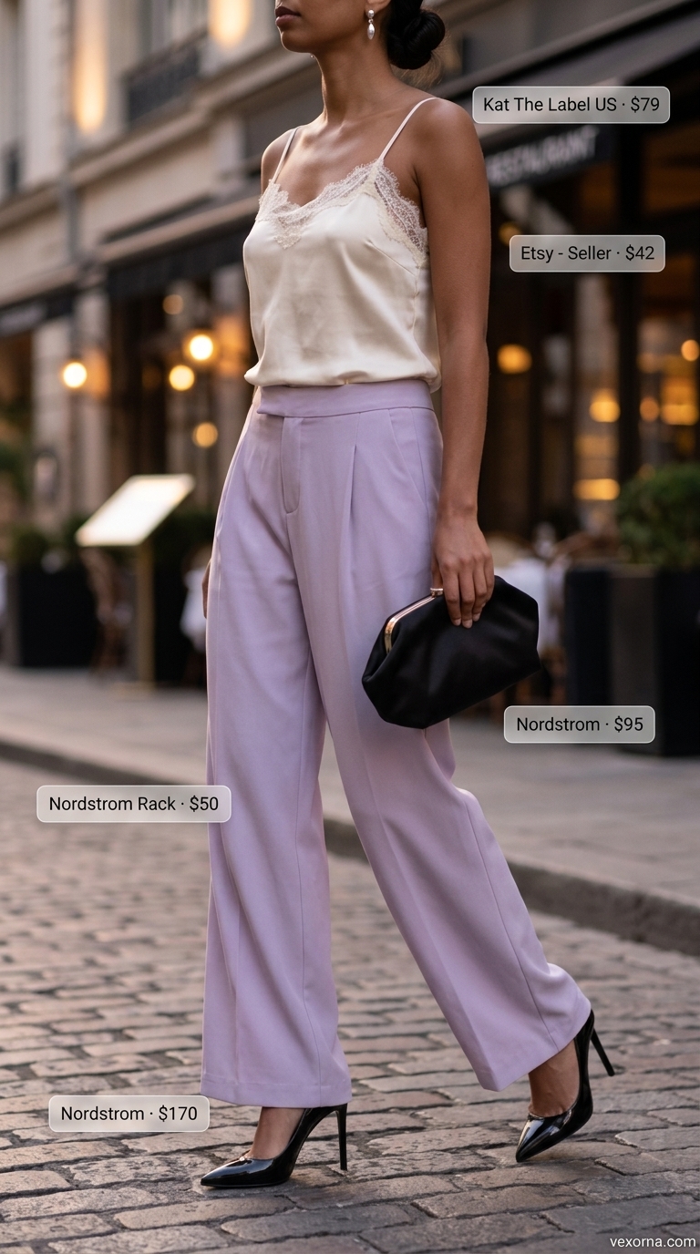 Lavender wide-leg trousers for romantic summer date outfits 2026. Cream camisole, black heels, silver earrings.