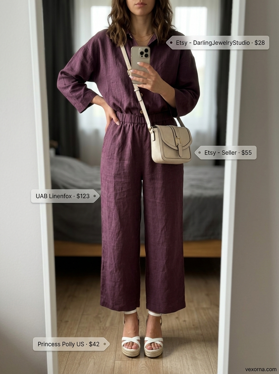 Dusty rose linen jumpsuit for romantic summer date outfits 2026. Cream espadrilles, gold necklace, crossbody bag.