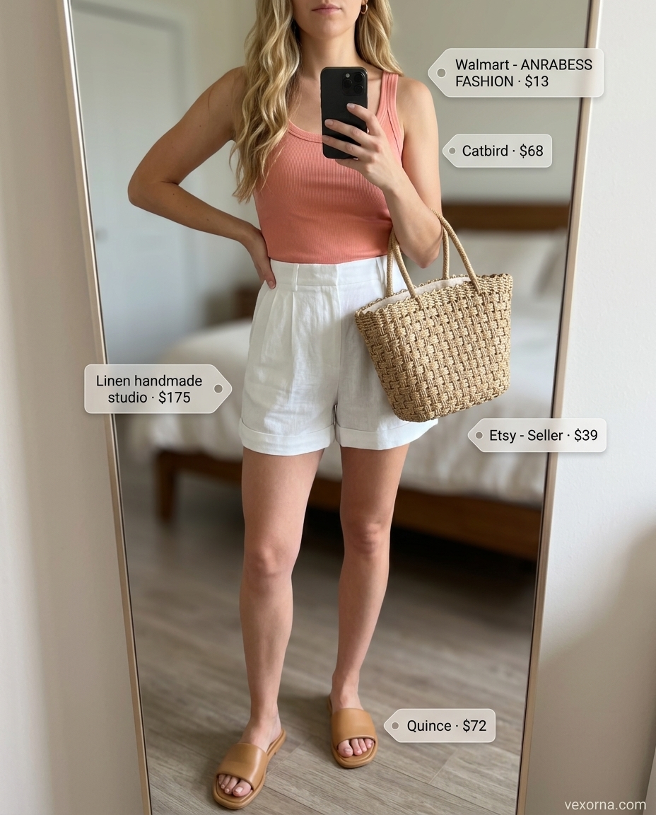 Ivory linen shorts & coral tank for romantic summer date outfits 2026. Tan slides, gold hoops.