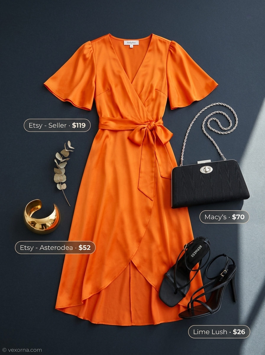 Mango orange satin midi dress for romantic summer date outfits 2026. Gold cuff, black sandals & clutch.