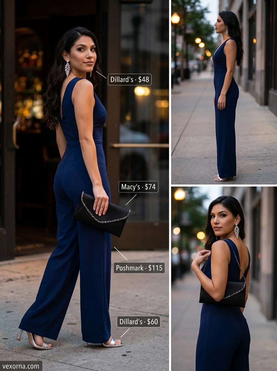 Navy blue wide-leg jumpsuit for romantic summer date outfits 2026. Silver earrings, black clutch, silver heels.