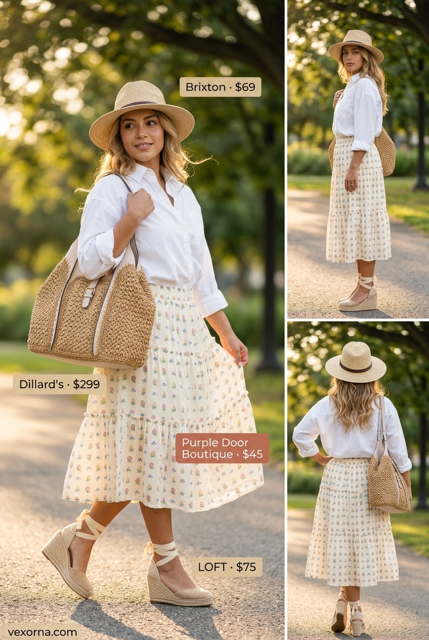 Romantic summer date outfits 2026: Pastel floral midi skirt, oversized white shirt, espadrille flats, straw tote, straw fedora.