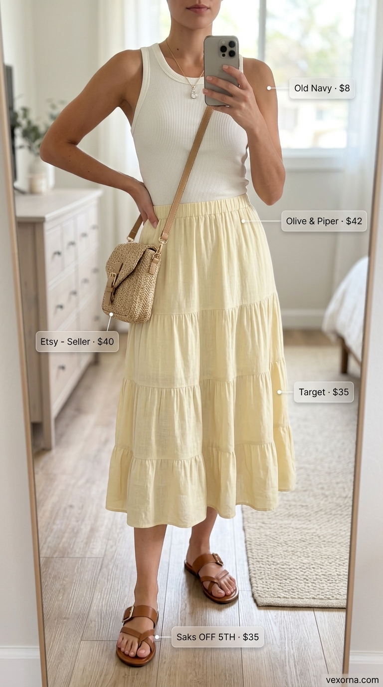 Romantic summer date outfits 2026: Peach midi skirt, white ribbed tank, tan slides, gold necklace, straw crossbody.