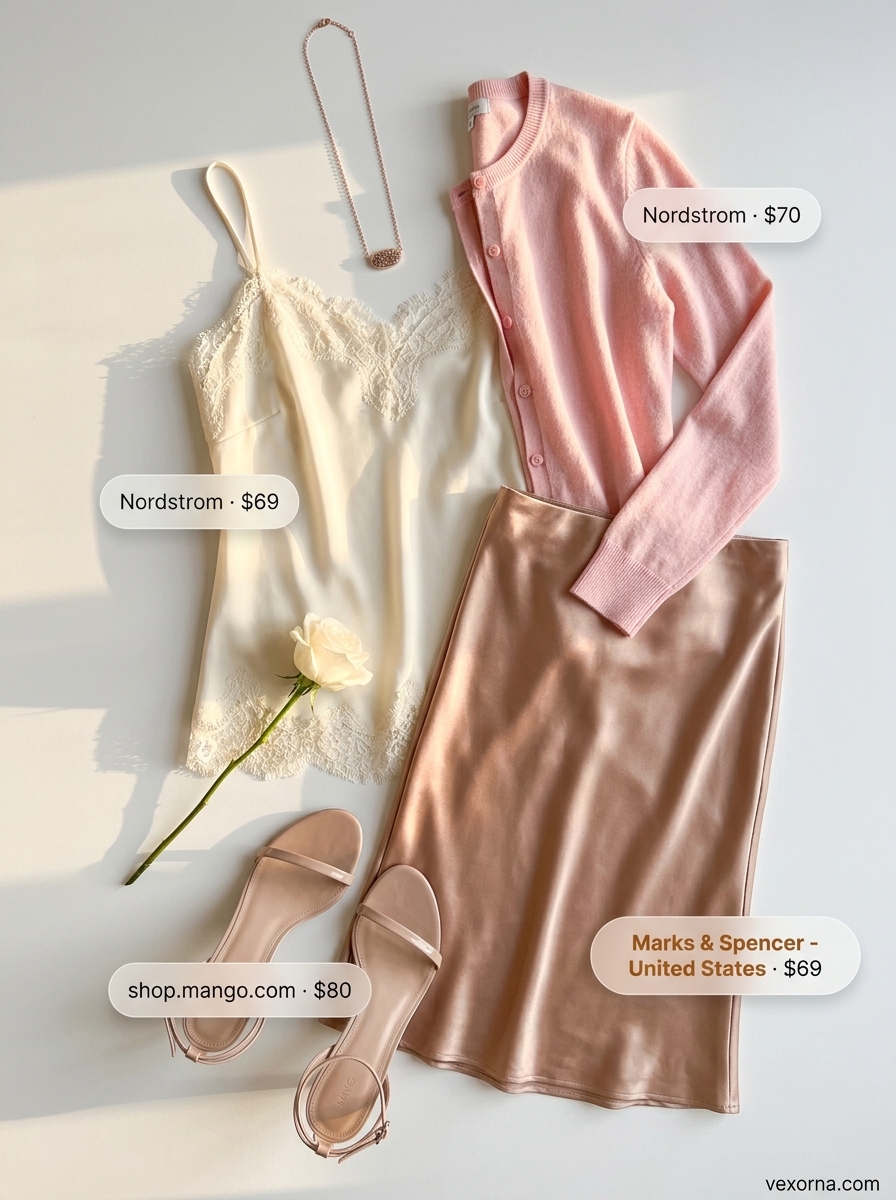 Romantic summer date outfits 2026: Rose gold slip skirt, ivory lace cami, pink cardigan, nude heeled sandals, rose gold clutch.