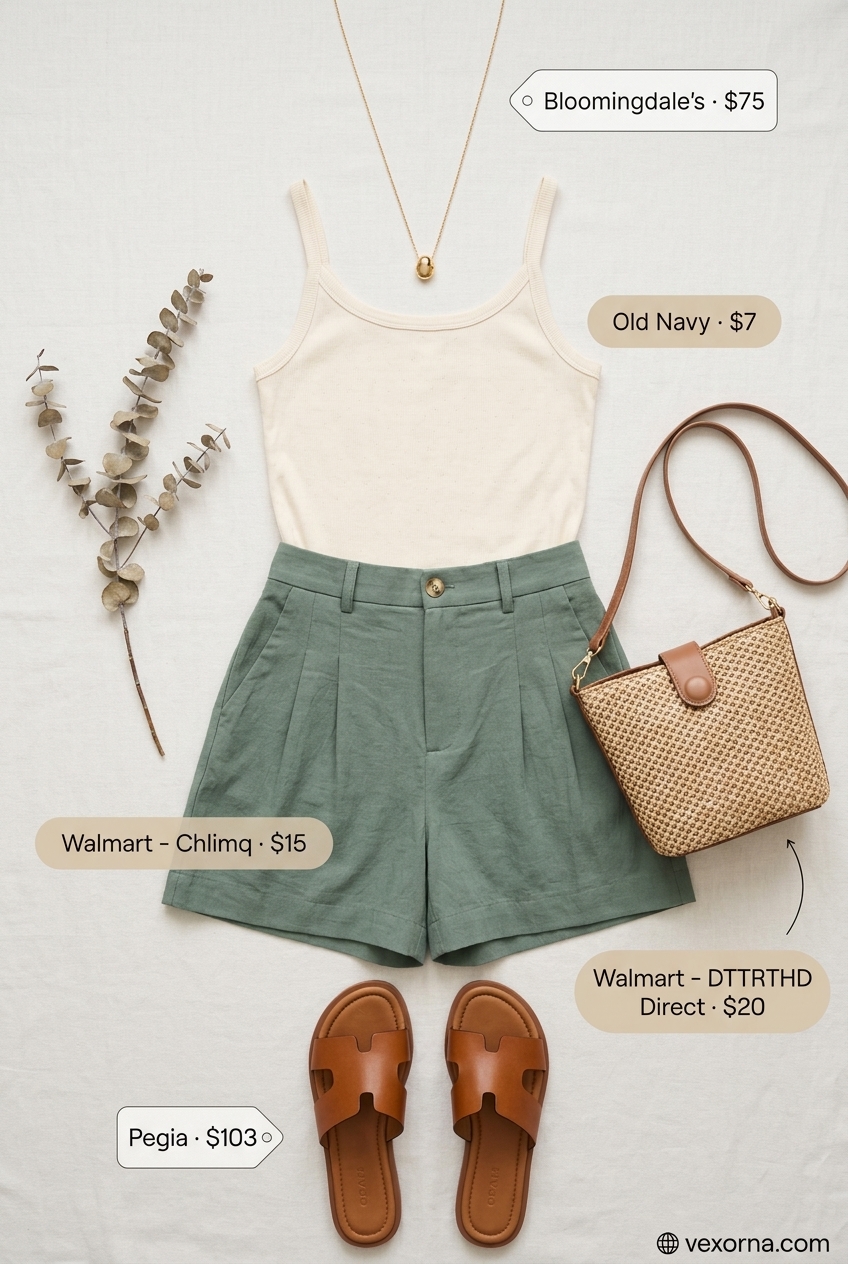 Romantic summer date outfits 2026: Sage green linen shorts set, cream tank, gold necklace, leather slides, straw bag.