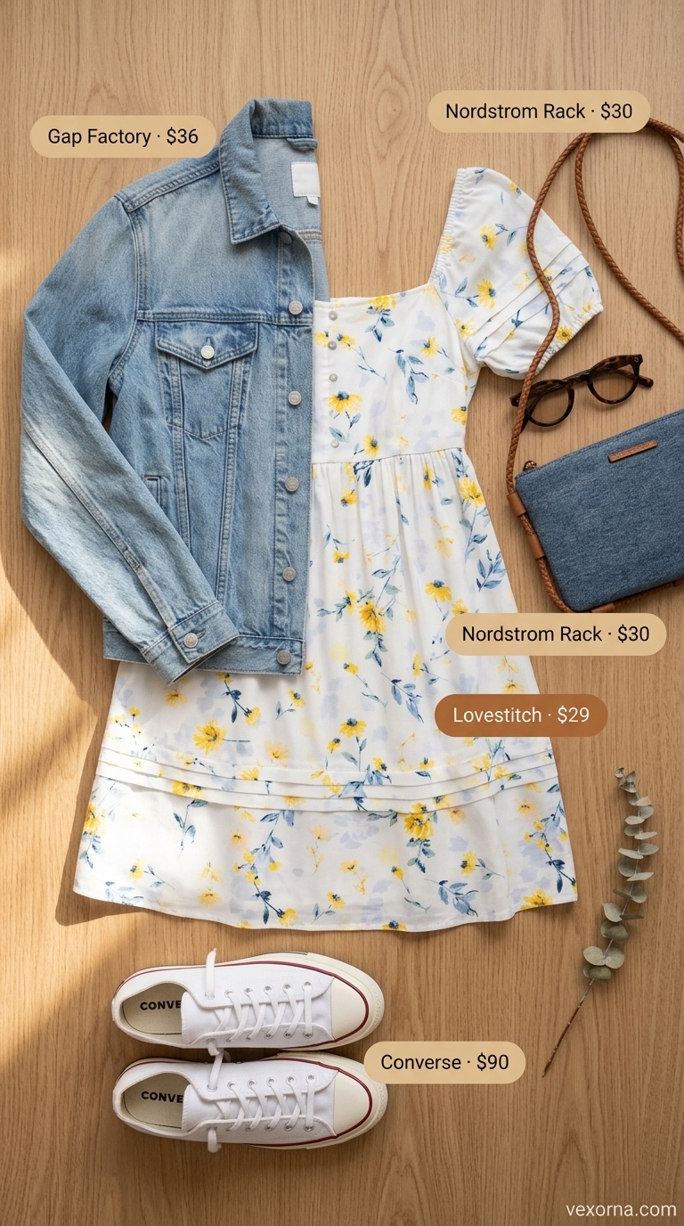 Yellow sunflower print dress for romantic summer date outfits 2026. Denim jacket, white sneakers.