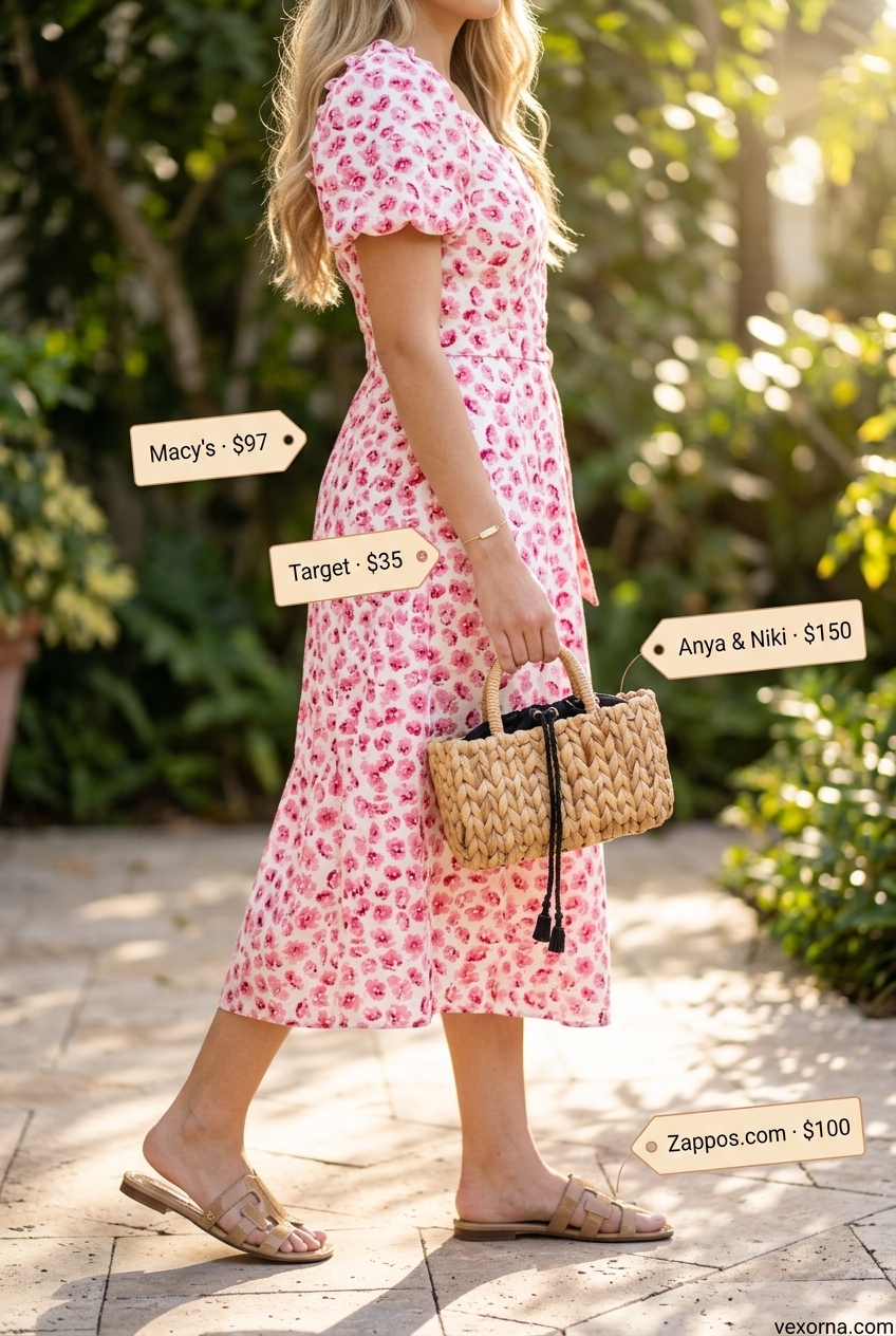 Rose pink floral sundress for romantic summer date outfits 2026. Nude sandals, gold bracelet, straw tote.