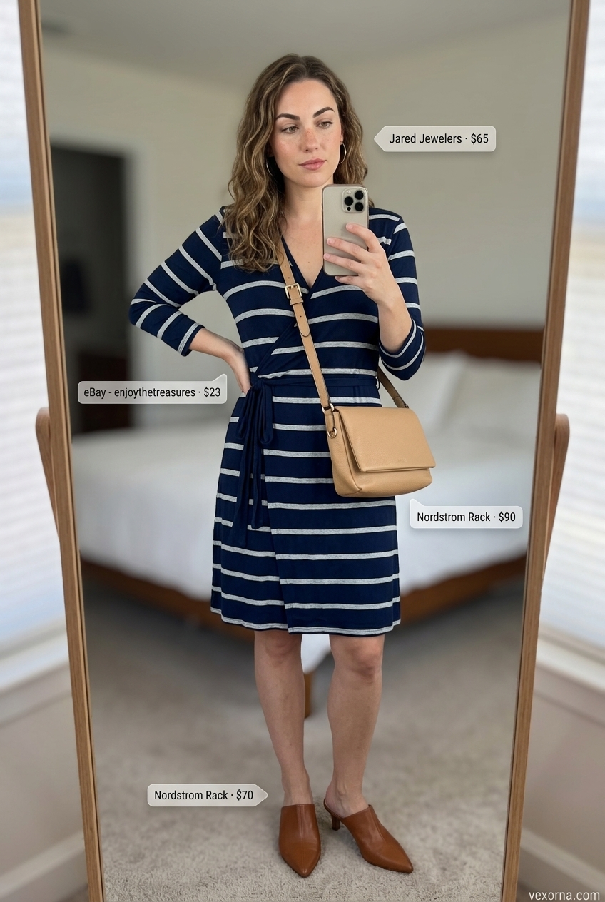 Navy and white stripe wrap dress for romantic summer date outfits 2026. Tan mules, gold hoops, crossbody bag.