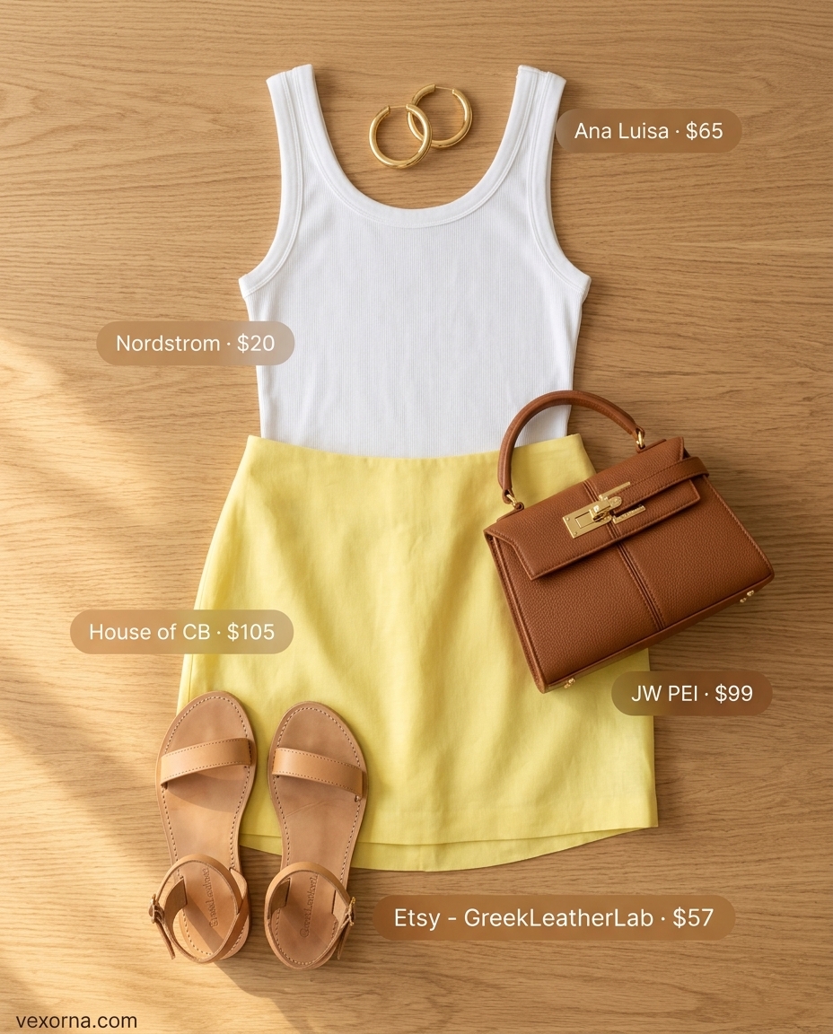 Romantic summer date outfits 2026: Yellow mini skirt, white ribbed tank, tan flat sandals, gold hoops, cognac top-handle bag.
