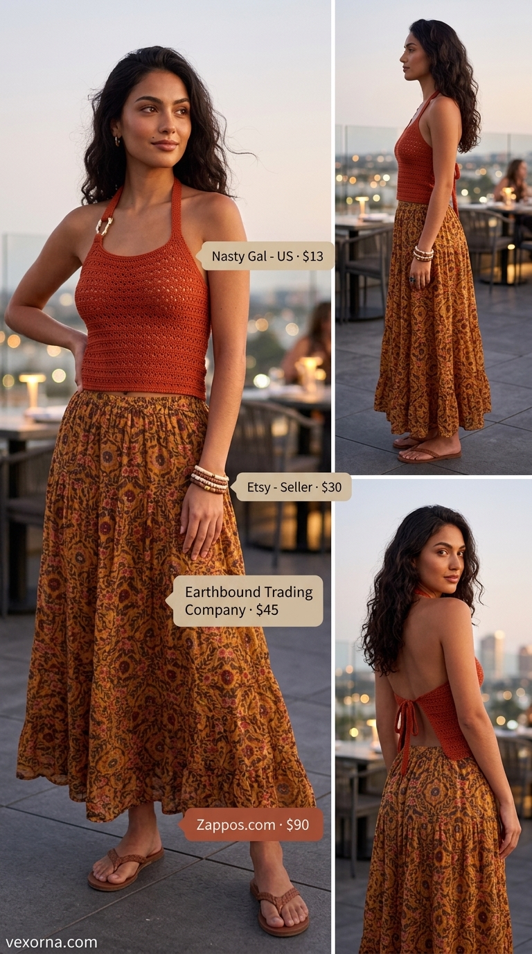 Boho Sunset outfit: Terracotta crochet top, tiered maxi skirt, leather sandals for bohemian summer dates 2026.