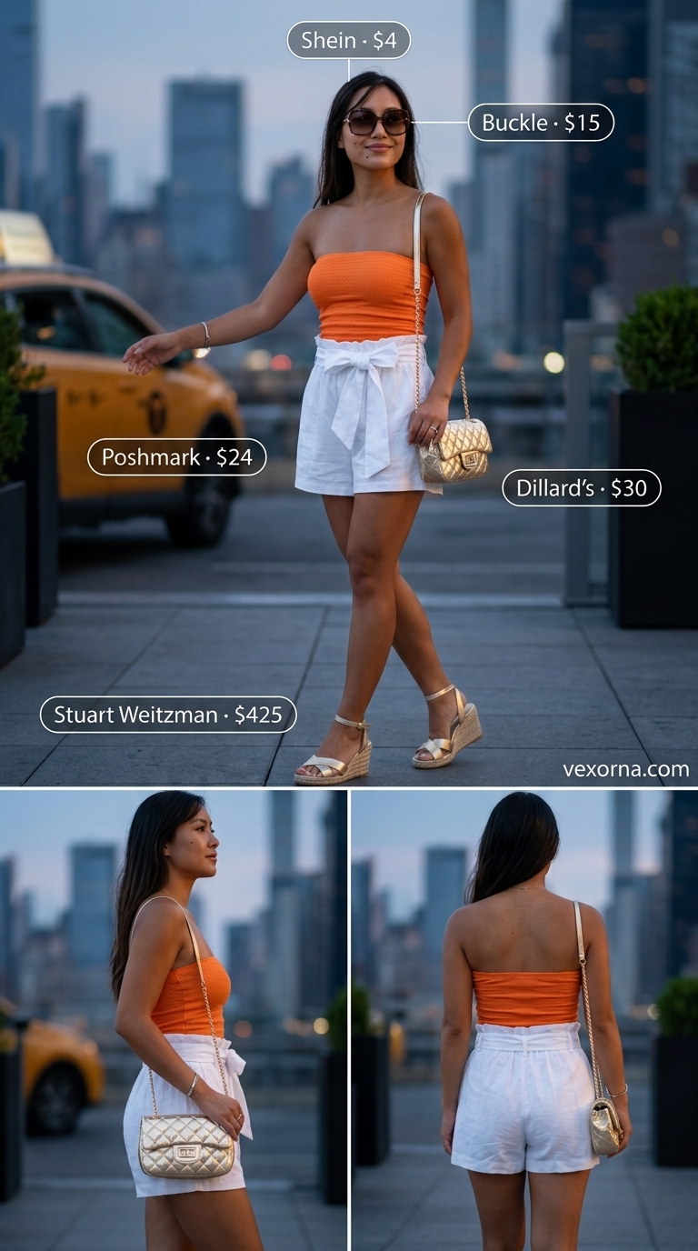 Citrus Splash outfit: Orange bandeau top, white paperbag shorts, espadrilles for vibrant summer dates 2026.