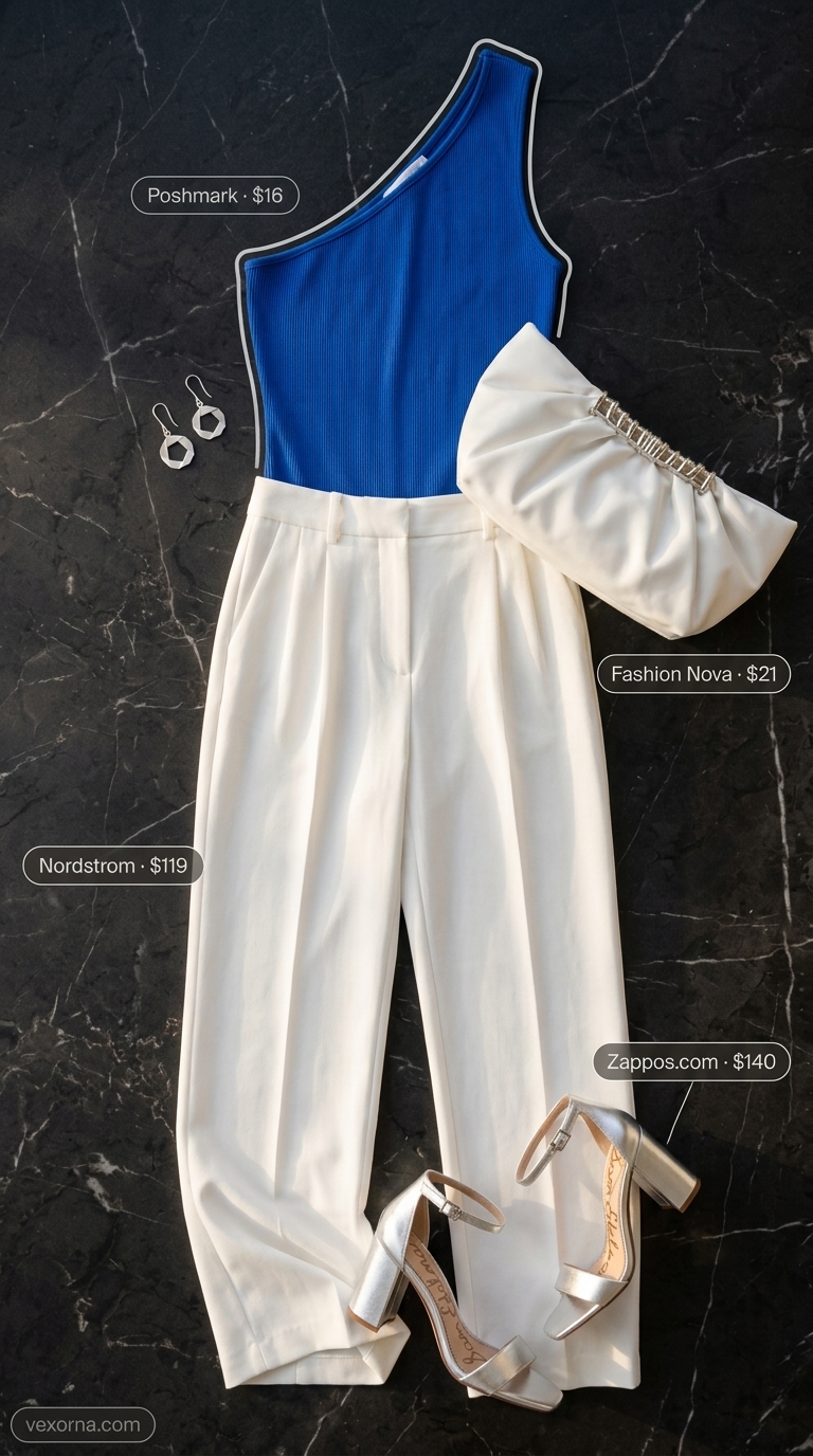 Cobalt blue one-shoulder bodysuit with white tailored trousers for confident rooftop summer date night outfits for women 2026.