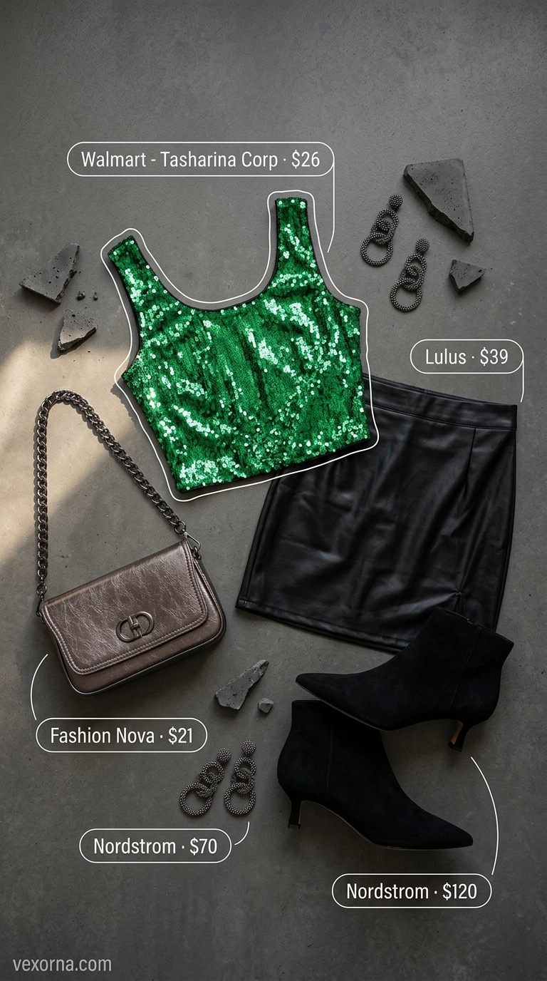 Emerald City outfit: Emerald green crop top, black faux leather skirt, heeled boots for glamorous summer dates 2026.